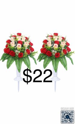 Cemetery Flowers for Grave Memorial Grave Flowers with Vases for Cemetery Grave Decoration 2sets (Red beigen