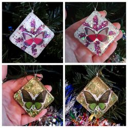 Set Of 2 Butterfly Glitter Diamond Shaped Resin Christmas Tree Ornaments New Gifts