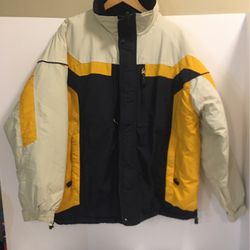 The Original Arizona Jeans Company Mens Winter/Ski Jacket/Parka, yellow/black&beige w/ black interior. Note* small tear on the interior ( small hand s