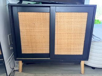 Black TV Stand with Rattan Sliding Doors
