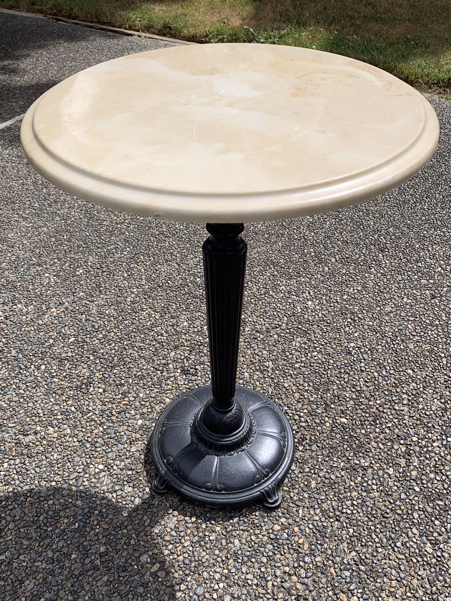 Small Antique Side / Occasional Table with stone top on fluted wood stand and cast iron base