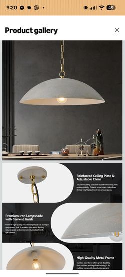 20" Kitchen Pendant Lighting Over Island, Cement Gray Modern Large Pendant Light, Adjustable Hanging Ceiling Light for Kitchen Living Room Dining Room