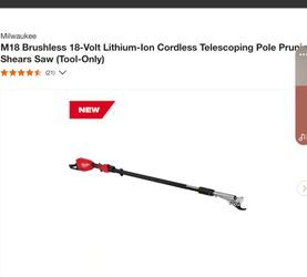 Milwaukee
M18 Brushless 18-Volt Lithium-lon Cordless Telescoping Pole Pruni Shears Saw (Tool-Only)