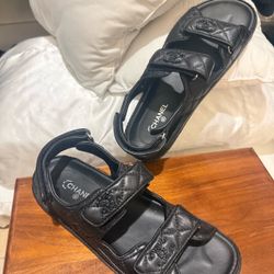Black Quilted Leather Dad Sandals sz 40