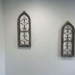 Pair Of Architectural Salvage Wood And Wrought Iron Wall Art