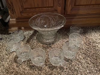 Crystal Punch Bowl Base & 8 Glasses