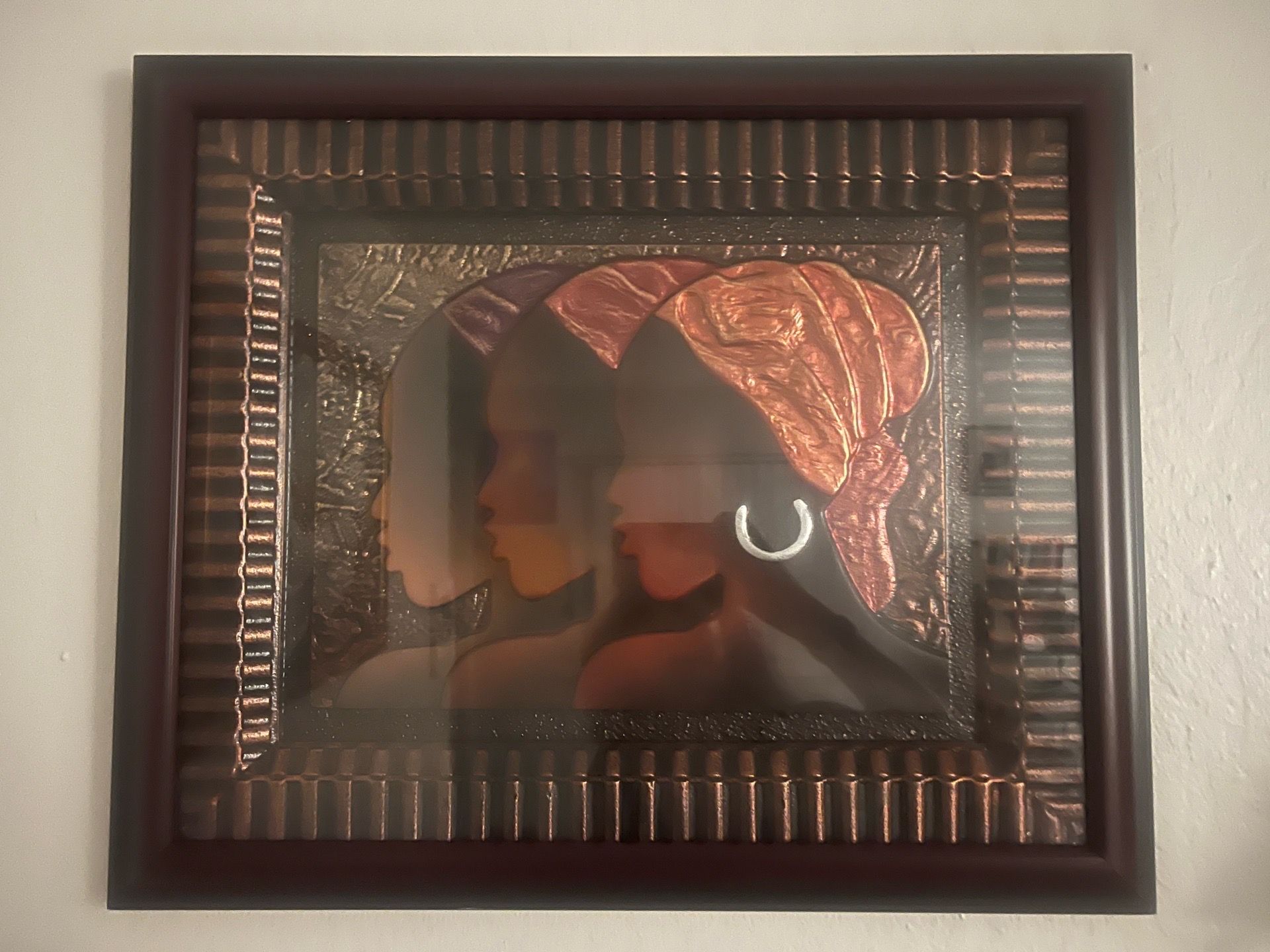 Textured framed art three women profiles head wraps