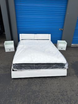 Modern White Queen Bed Frame Set w/ Mattress & 2 Nightstands (queen size)