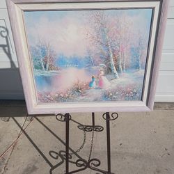 Vintage framed European victorian impressionist lady and child walking in flower field signed oil on canvas painting