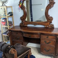 Vanity With Mirror And Matching Stool