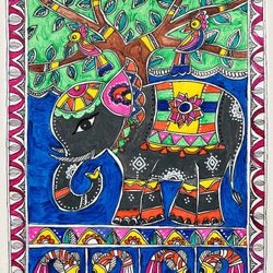 Elephant bird Madhubani painting Paper artist signed original 8.5 X 11" unframed