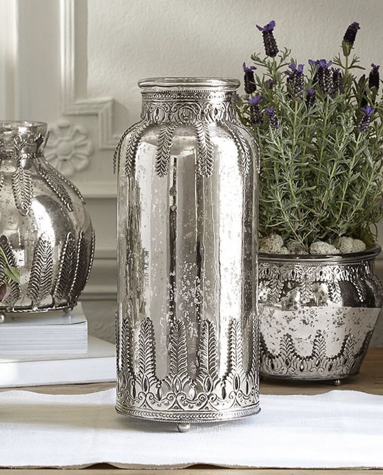 NEW!! Pottery Barn Madeline Mercury Glass & Metal Vase - Tall - Silver Tone NWT RARE