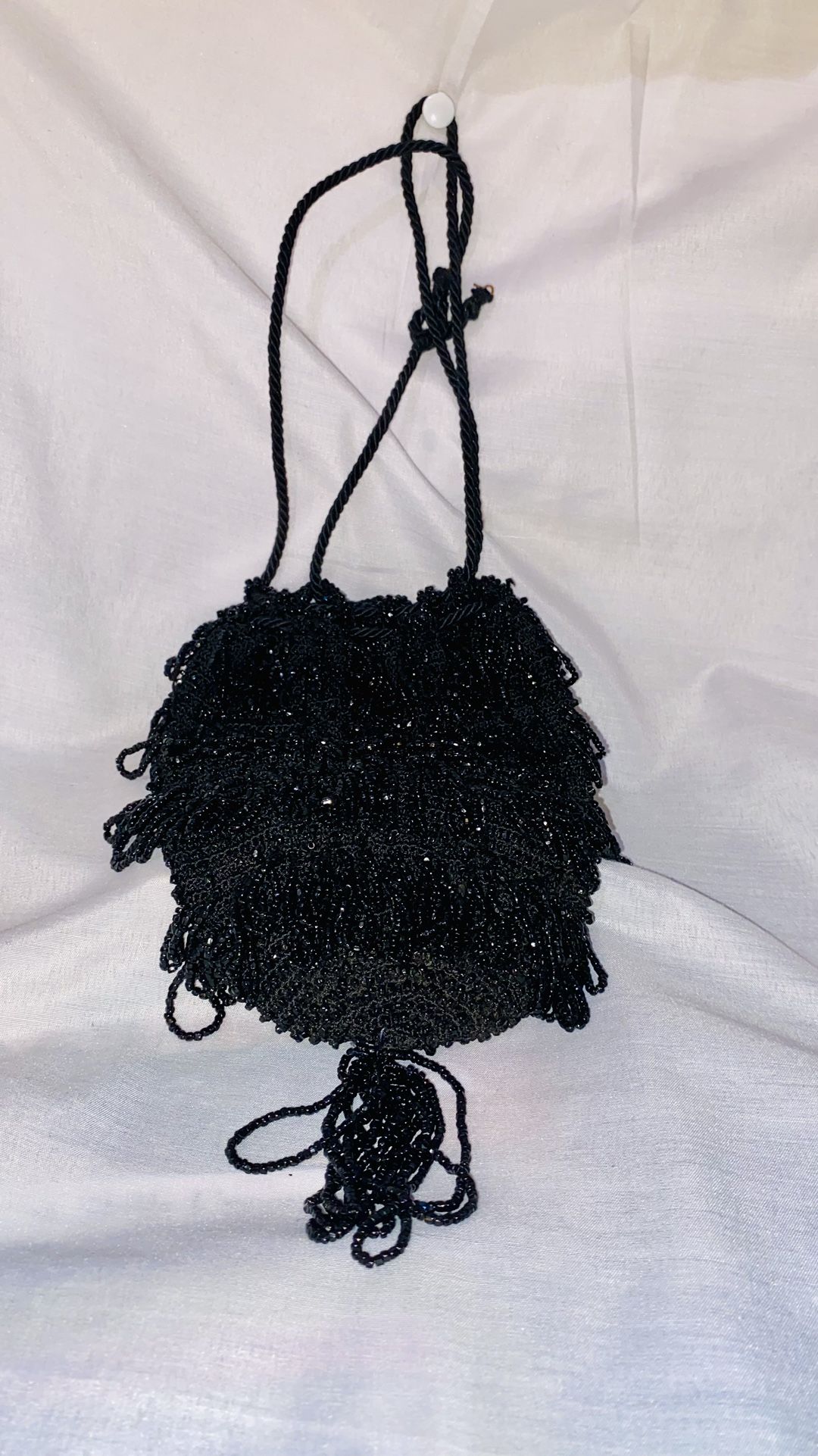 Antique Early 20th Century Black Glass Beaded Metal Clasp Drawstring Purse