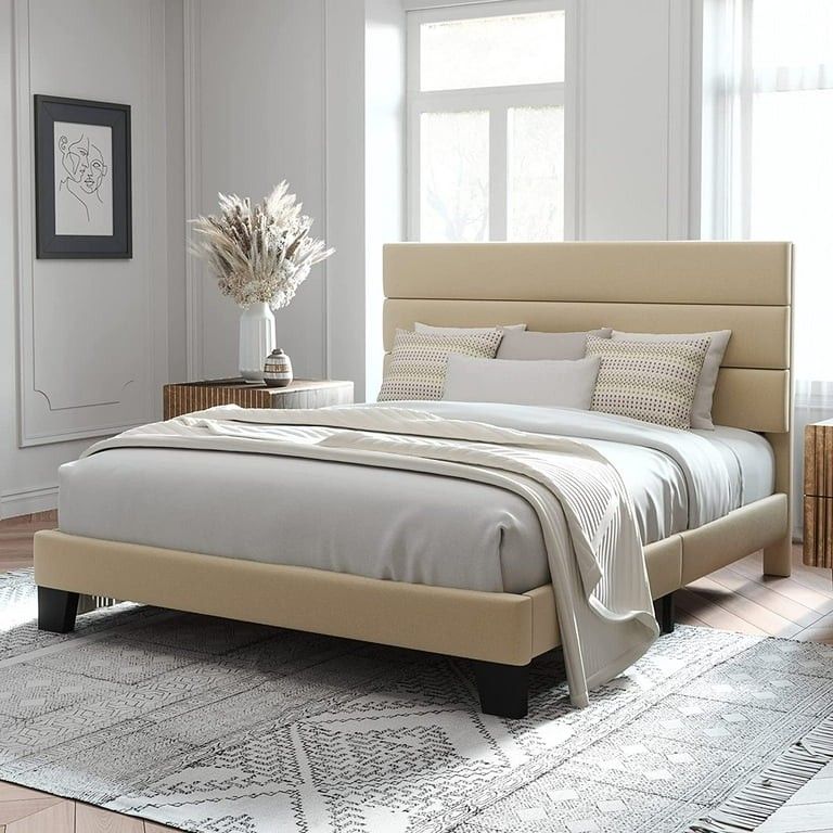 Queen Size Bed Frame Fabric Beige 