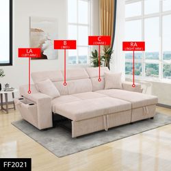 Off-White Corduroy Living Room 3-Piece Extendable Sofa Set