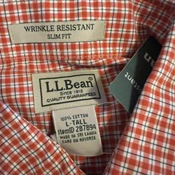 NEW With Tags- L.L. Bean Wrinkle Resistant Slim Fit Large Dash Tall, Red Patterned, Wrinkle Resistant Cotton, Long Sleeve Shirt