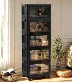 Hanyi 175QT 5-Tier Stackable Storage Bins with Lids,Stackable Cabinet,Black Foldable organizer, clear magnetic doors, leather pulls, side locking buck