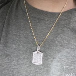 natural Diamond 14k White Gold Dog Tag And Solid 14k Rope Chain 