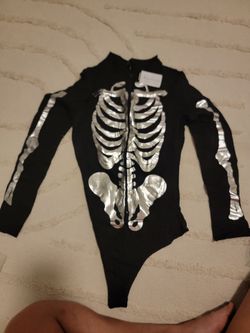 Long Sleeve Halloween Skeleton Bodysuit One Piece Metallic Black Sz M