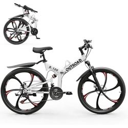 26 inch Folding Mountain Bike for Adults, 21 Speed Full Suspension High-Carbon Steel 