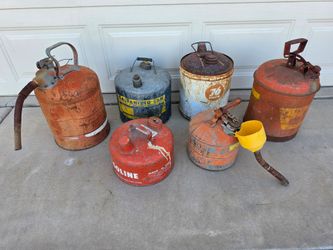Group of Vintage Metal Garage Gas Cans Automobilia Petroliana Gasoline