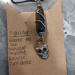 Tiger's Eye with decorative skull face necklace New
