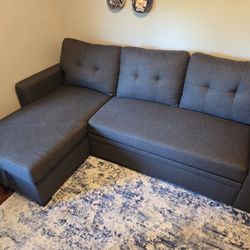 L-Shaped Polyester Fabric Reversible, Easy Convertible Pull-Out Sleeper Sectional Sofa/Storage Chaise