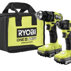 RYOBI ONE + HP 18V Brushless Cordless Compact 1/2in. Drill And Impact Driver Kit With (2) 1.5Ah Batteries, Charger, Bag