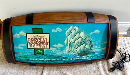 Heileman's Special Export Beer Barrel-shaped back bar sign from  1983. Vintage.