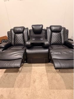 Luxury Black Leather Reclining Theater Sofa w/ Cup Holders