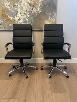 TWO- Black Leather High-Back Executive Office Chairs