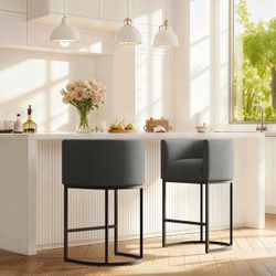 Modern Counter Height Bar Stools,Bar Stools Set of 2,Fabric Upholstered Barrel Barstools with Backs,26'' Kitchen Island Chairs,Metal Black Frames,Dark