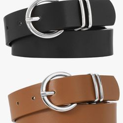 2 Pack Women's Leather Belts for Jeans Dresses Fashion Gold Buckle Ladies Belt
