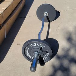 Olympic Curl Bar +Dumbbell Handles +70lb Cast Plates+Spring Collars New 