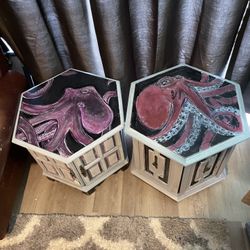 Pair (almost) Of Hand Painted Octopus End Tables