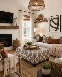 Modern boho gray white large living room ottoman  #potterybarn #westelm #worldmarket #boho #cottage #airbnb #ottoman #bench #storage