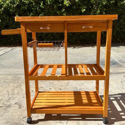 32" Wooden Bamboo Rolling Kitchen Cabinet Organizer Cart with 3 Bottle Wine Rack