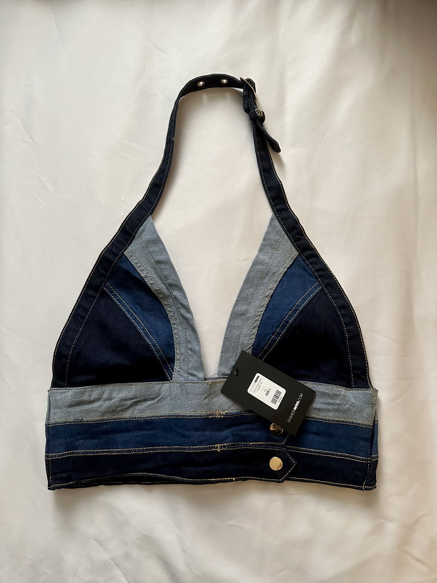 US-Large, Blue Denim Party Halter Cropped Top