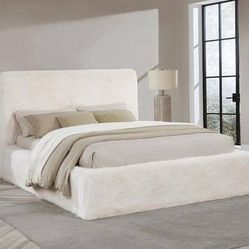 New Modern Queen Bed Upholstered in Soft Cream Faux Fur Fabric! Best Prices! 
