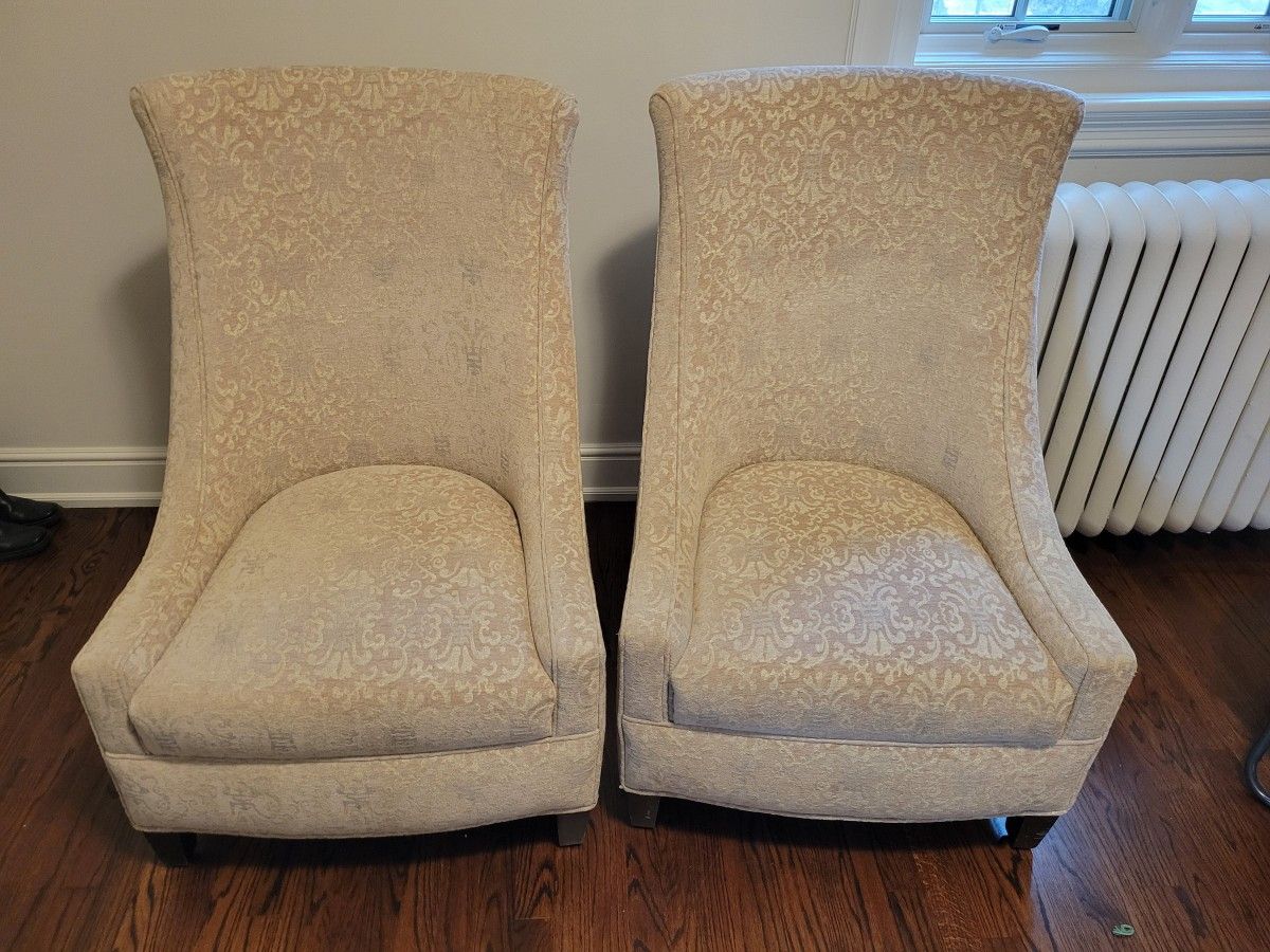 Pair of Custom Covered Low Slipper Seat High Wingback Accent Chairs, Shimmer Baroque Fabric / Paisley Design