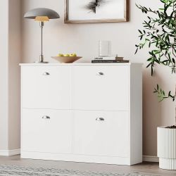 White Shoe Cabinet with 4 Flip Drawers – Modern Storage Organizer