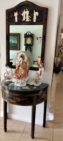Asian Oriental black lacquer cabinet and mirror