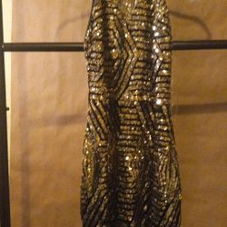 Brand New Black And Gold Sequins Sleeveless Mini Dress With Leather Straps And Back Psych Medium Two Gold Buttons At Top To Tie Around Neck New