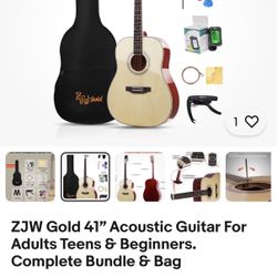 ZJW Gold 41” Acoustic Guitar For Adults Teens & Beginners. Complete Bundle & Bag