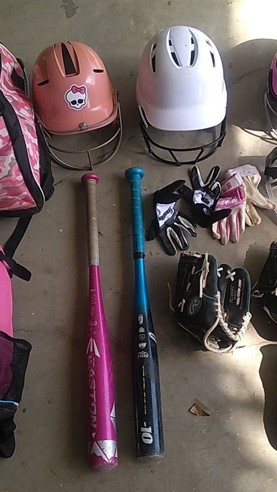 Girl softball items- buy individually or $80 for all (bat, cleats, helmet, gloves, face mask/guard, bags)