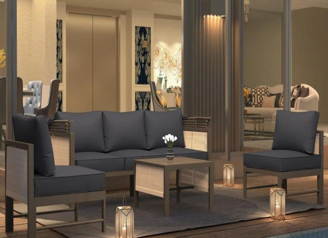 4 pc Patio Furniture Set with Retractable Canopy and Coffee Table. Brand new. In packaging as shown. Dimensions are in the pictures.