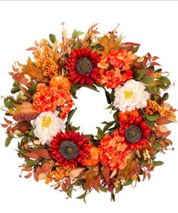 26 Inch Fall Wreath for Front Door, Autumn Harvest Wreath with Pumpkin