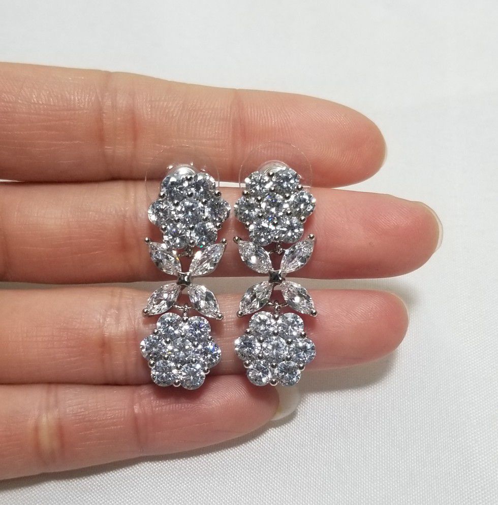Cz diamond flower drops earrings dangle