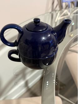 Old Amsterdam Porcelain Works Tea Pot & Cup Blue Ceramic 3 Piece Set Tea For One