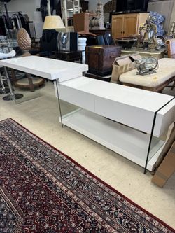 white, modern-style TV stand & Connected Desk  with glass side panels - 103” x 23” - Originally $1950